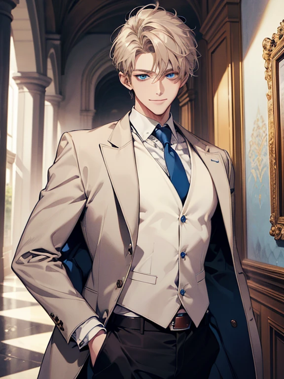 (Masterpiece, highres, best quality, finely detailed), male, smile expression facade, platinum brown hair, short hair, White blazer, white shirt, blue tie, ivory vest cardigan, belt, black pants, blue eyes, student, super detail, accurate. 30 years