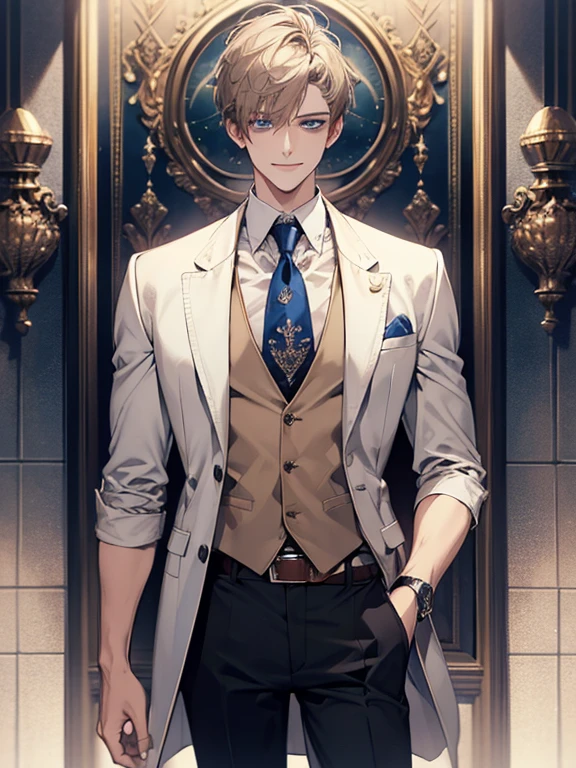 (Masterpiece, highres, best quality, finely detailed), male, smile expression facade, platinum brown hair, short hair, White blazer, white shirt, blue tie, ivory vest cardigan, belt, black pants, blue eyes, student, super detail, accurate. 30 years