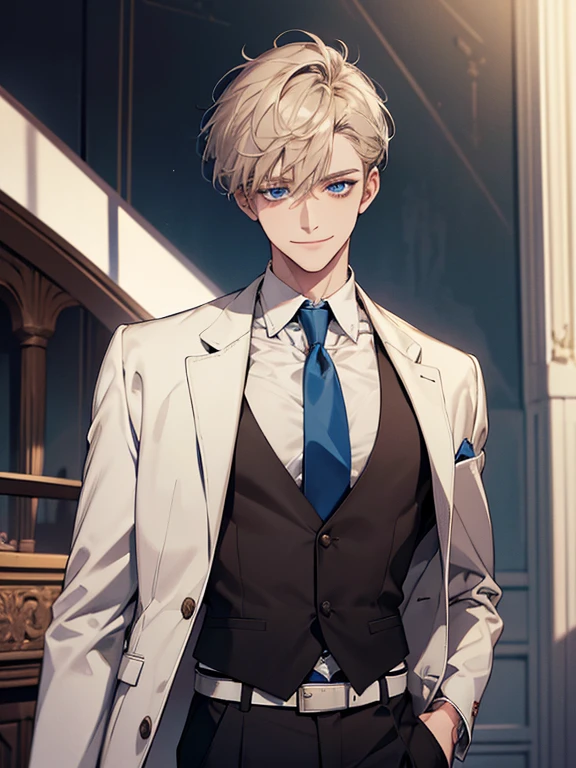 (Masterpiece, highres, best quality, finely detailed), male, smile expression facade, platinum brown hair, short hair, White blazer, white shirt, blue tie, ivory vest cardigan, belt, black pants, blue eyes, student, super detail, accurate. 30 years