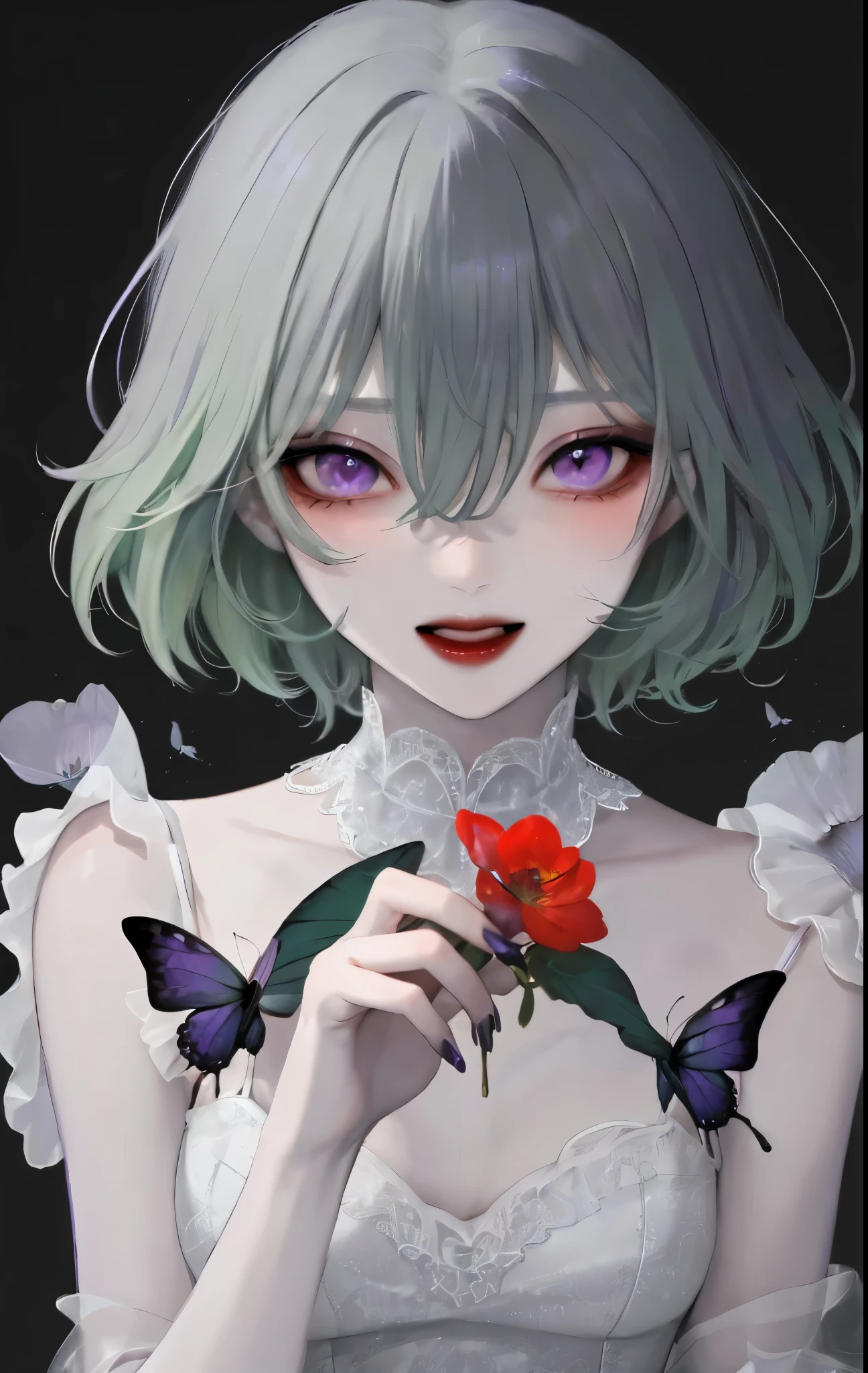 One girl,alone,flower,short hair、Pale green hair、Purple Eyes,View Viewer,Long nails,Black background,butterfly々is flying、Holding hair,Lips parted,Holding,bangs,whole body、Bundle、Grey Hair,white 赤いdress、Hair between the eyes,Simple Background,Gray nails,Grey Eyes,compensate,ct style,Beautiful Eyes,dress、Charm、Black and white image quality、Bright red lips、devilishness、Fearless Laugh、Bundle、Character portrait、whole bodyスタイル、Beautiful legs、Heel