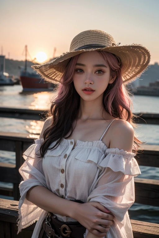 Light pink hair, Pink Eyes, At the Port, Vibrant colors, steampunk, blouse white、Paint Splash, Sunset behind, Ray Tracing, Wavy long hair、Straw hat
