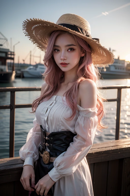 Light pink hair, Pink Eyes, At the Port, Vibrant colors, steampunk, blouse white、Paint Splash, Sunset behind, Ray Tracing, Wavy long hair、Straw hat