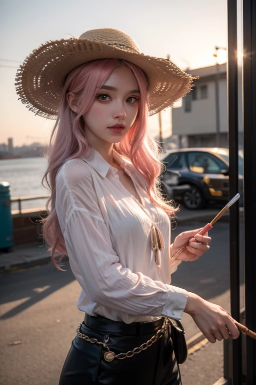 Light pink hair, Pink Eyes,  At the Port, Vibrant colors, steampunk, blouse white、Paint Splash, Sunset behind, Ray Tracing, Wavy long hair、Straw hat