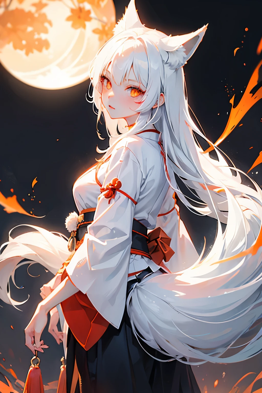 Fox girl, Japanese clothing, fox eyes, decent body, beautiful girl, looking at the viewer, fox marks on her face, orange eyes, white hair with black highlights, white tail with black highlights.