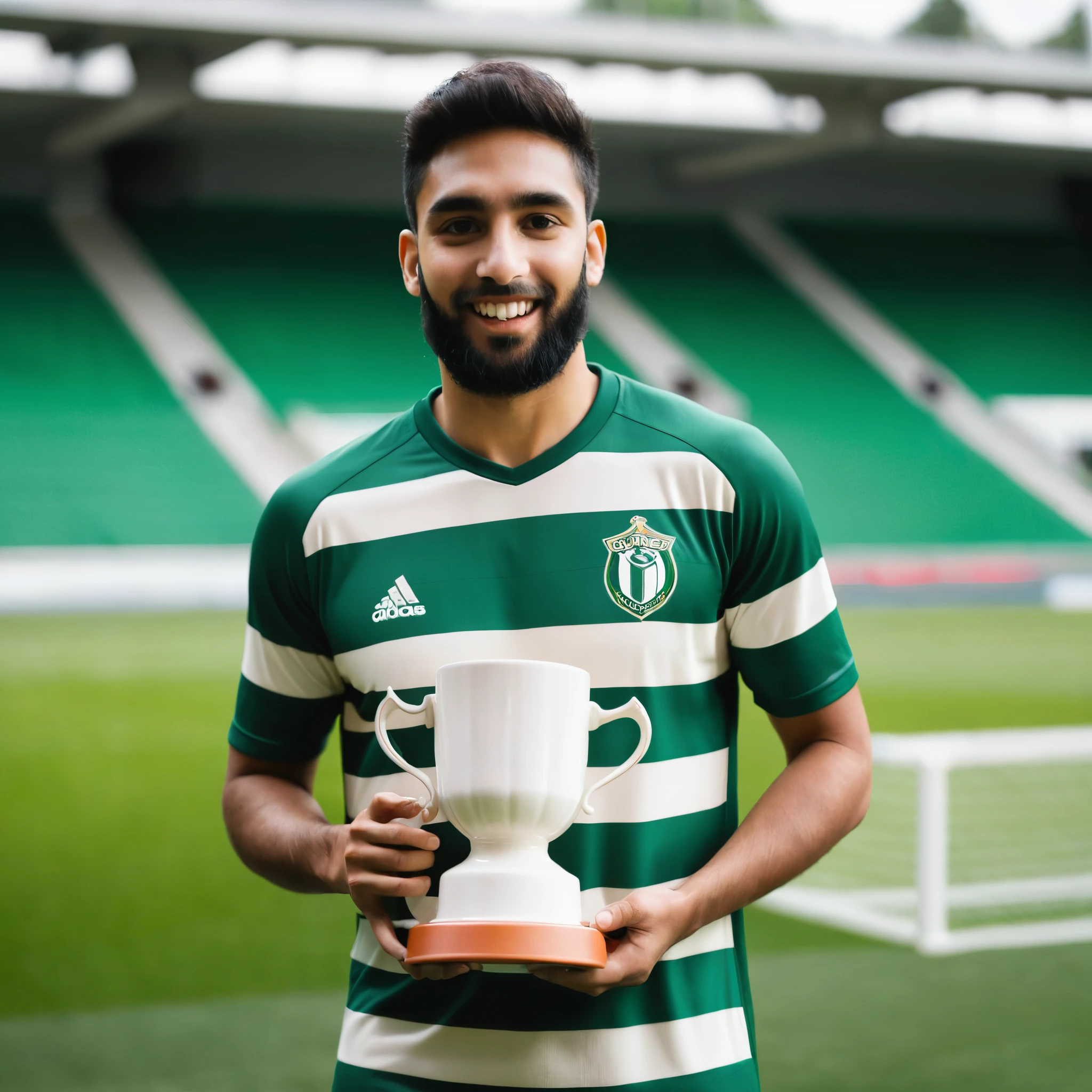 player of a team wearing a green and white striped shirt with a giant cup in his hands