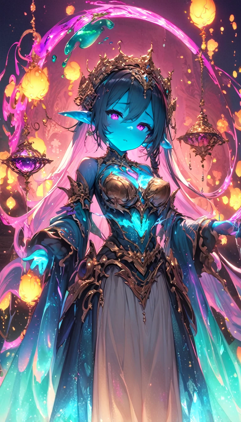 (masterpiece), (best quality:1.4), (perfect anatomy:1.4), high quality, expressive eyes, portrait, detailed face, beautiful face, perfect face, {1 girl}, In her slime form, Danua is a mesmerizing entity, her amorphous body pulsating with vibrant colors and otherworldly energy. She takes on a fluid, gelatinous appearance, constantly shifting and morphing with an almost hypnotic fluidity. Danua's slime form is translucent, allowing glimpses of the swirling colors and patterns that ripple beneath her surface. Shades of deep emerald, green mingle with iridescent blues and purples, creating an ethereal kaleidoscope of hues that dance and shimmer in the light. Her form lacks defined features, instead resembling a constantly shifting mass of gel-like substance. However, there is a sense of grace and purpose to her movements, as if she possesses a silent intelligence that guides her every shift and flow. Despite her lack of a solid form, Danua exudes an undeniable presence in her slime state. She radiates an aura of ancient power and mystique, her ever-changing form hinting at the depths of her enigmatic nature. Overall, Danua's slime form is a mesmerizing spectacle, a symphony of colors and shapes that captivates the eye and sparks the imagination.