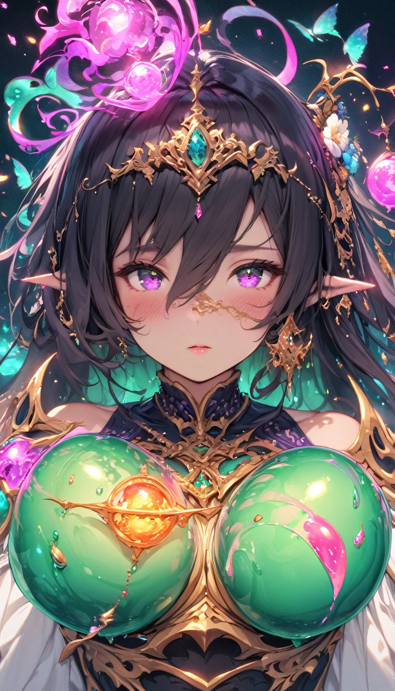 (masterpiece), (best quality:1.4), (perfect anatomy:1.4), high quality, expressive eyes, portrait, detailed face, beautiful face, perfect face, {1 girl}, In her slime form, Danua is a mesmerizing entity, her amorphous body pulsating with vibrant colors and otherworldly energy. She takes on a fluid, gelatinous appearance, constantly shifting and morphing with an almost hypnotic fluidity. Danua's slime form is translucent, allowing glimpses of the swirling colors and patterns that ripple beneath her surface. Shades of deep emerald, green mingle with iridescent blues and purples, creating an ethereal kaleidoscope of hues that dance and shimmer in the light. Her form lacks defined features, instead resembling a constantly shifting mass of gel-like substance. However, there is a sense of grace and purpose to her movements, as if she possesses a silent intelligence that guides her every shift and flow. Despite her lack of a solid form, Danua exudes an undeniable presence in her slime state. She radiates an aura of ancient power and mystique, her ever-changing form hinting at the depths of her enigmatic nature. Overall, Danua's slime form is a mesmerizing spectacle, a symphony of colors and shapes that captivates the eye and sparks the imagination.