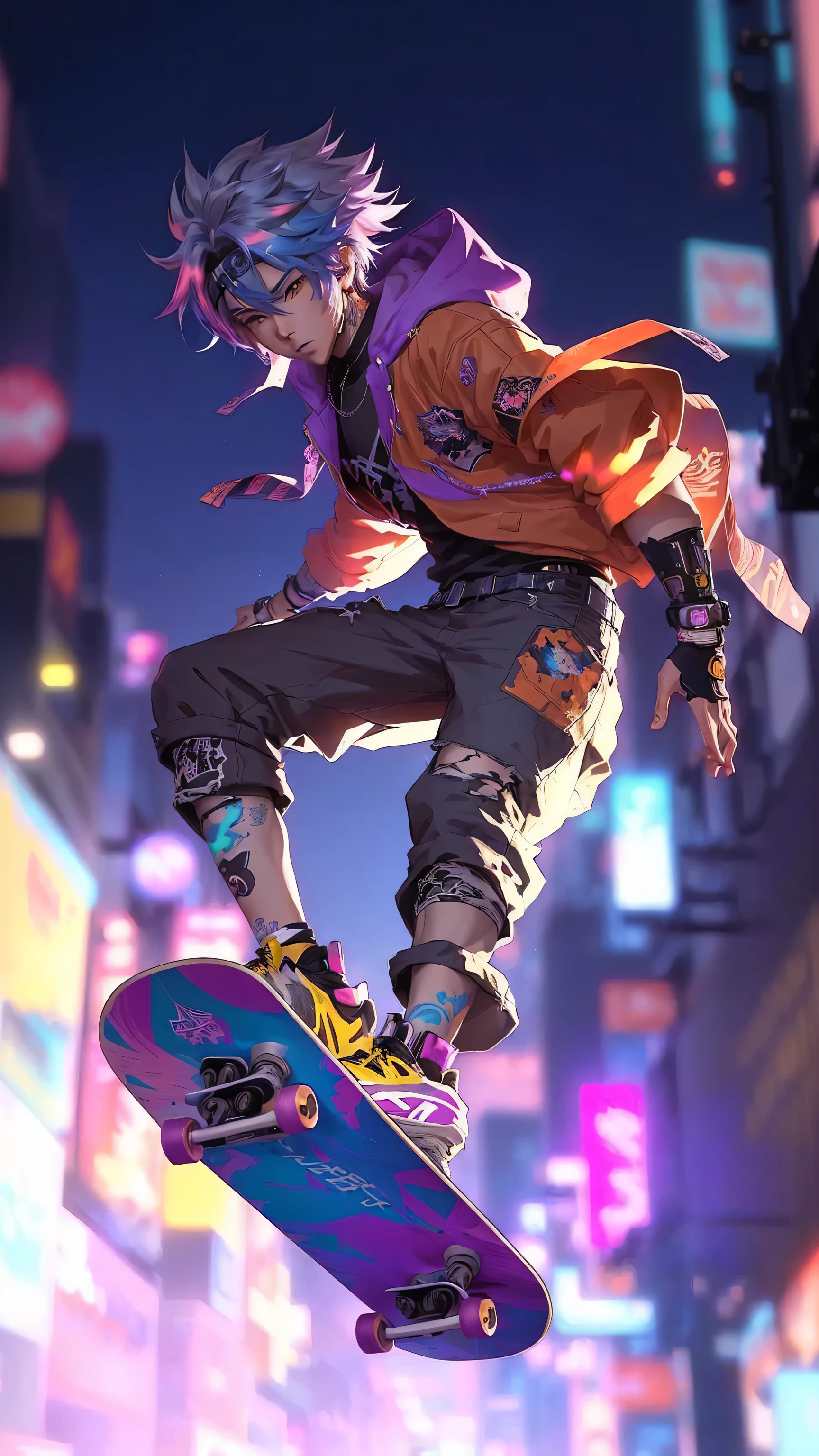anime boy on skateboard in the air in a city, ross tran style, hero pose colorful city lighting, cyberpunk anime art, digital cyberpunk anime art, phone wallpaper, in the style of ross tran, anime cyberpunk art, amazing wallpaper, anime style 4 k, cyberpunk street goon, anime art wallpaper 8 k, colorful concept art, cyberpunk art style, ross tran 8 k