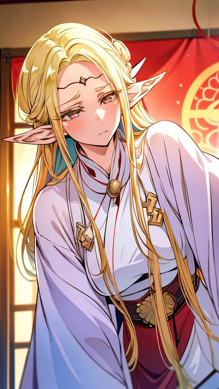 seamless image fusion, best quality, super fine, 16k, incredibly absurdres, extremely detailed, delicate and dynamic, noble, cool and beautiful elf woman, blonde hair, captivating look, aroused expression, iridescent gold eyes, tall and stylish, wearing red and white shrine maiden costume, background shrine office, wonderful effects that highlight the subject