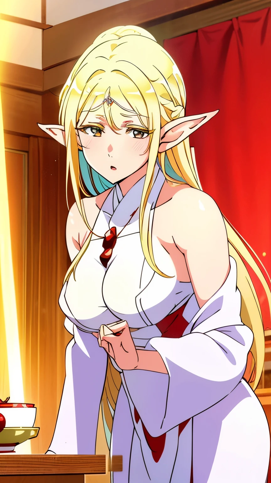 seamless image fusion, best quality, super fine, 16k, incredibly absurdres, extremely detailed, delicate and dynamic, noble, cool and beautiful elf woman, blonde hair, captivating look, aroused expression, iridescent gold eyes, tall and stylish, wearing red and white shrine maiden costume, background shrine office, wonderful effects that highlight the subject