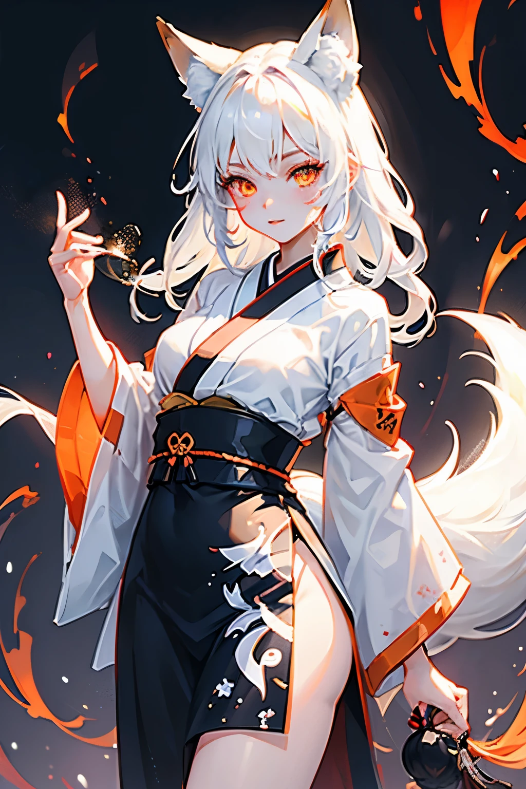 Fox girl, Japanese clothing, fox eyes, decent body, beautiful girl, looking at the viewer, fox marks on her face, orange eyes, white hair with black highlights, white tail with black highlights.
