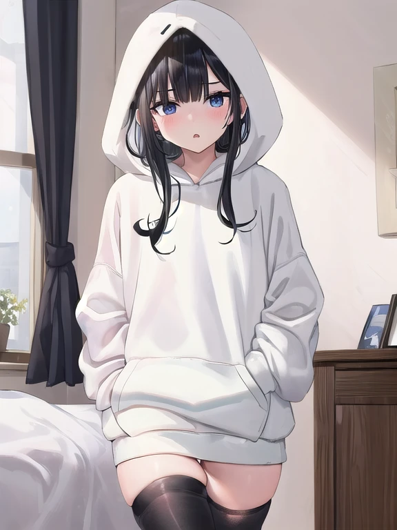 (masterpiece:1.3), (Absurd:1.3), (highest quality:1.3), The Hands of Guido Daniele, (Very detailed:1.3), (Best Shadow:0.7), (Processed Hair), One girl, alone, S1, aizawa ema, , (medium Breasts:1.0), (pregnant:0.6), (thick thighs:0.2), (Black hair:1.8), Asymmetrical bangs, Blunt bangs, blue eyes, (white hoodie:1.4), hood up, no bra, (nipple shape:1.0), (simple black thighhighsocks:1.2), cute face, panic face, (embarrassed:1.1), in the bed room, stand up,