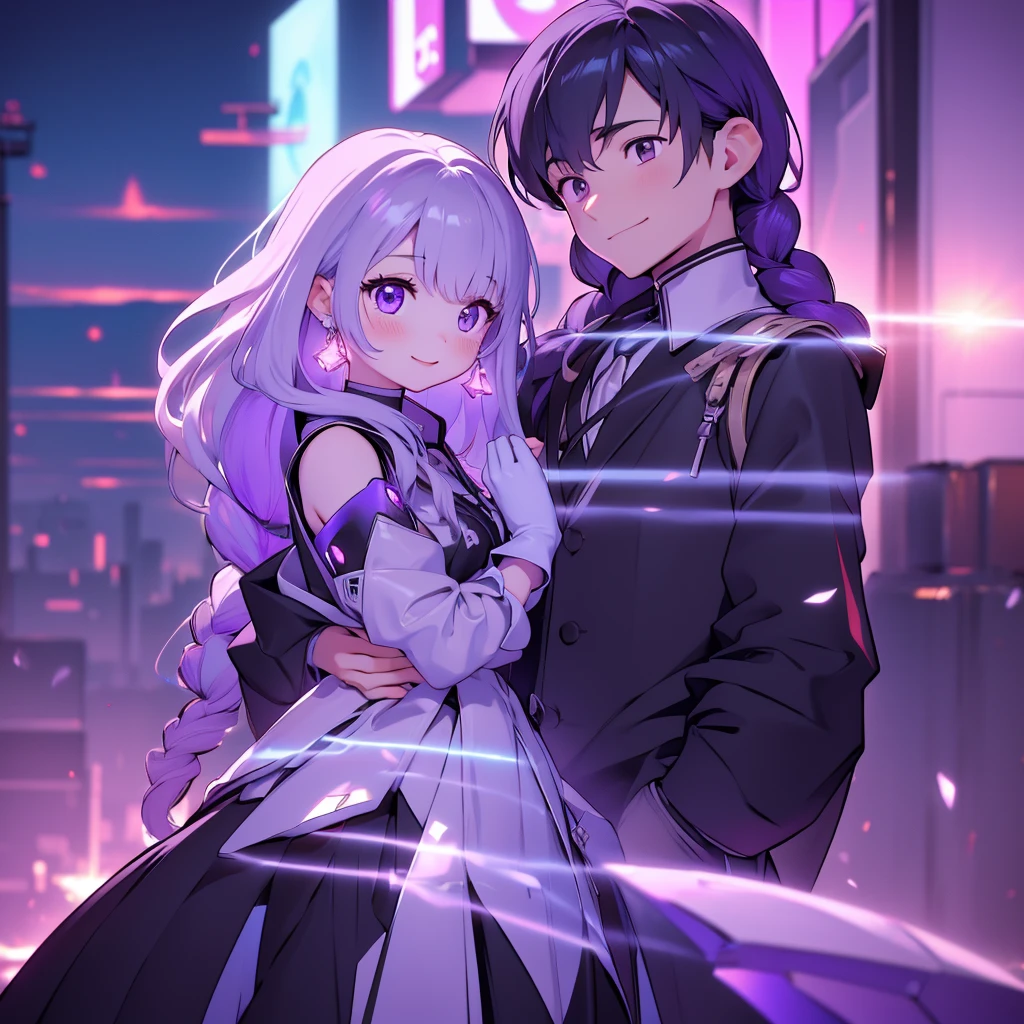 ちび男女のCouple、cute、3D Figure、（Masterpiece、highest quality、Official Art、The best composition、CG、16K、Super detailed、Detailed eyes、Golden Ratio）、Couple（1boy,1girl)、girl（Her hair is a milky white and purple gradient.、Double braid、Black and white diamond-shaped hair ornaments on both sides、purple eyes, long hair, twin braids, purple hair, multicolored hair, elbow gloves, bangs, very long hair,bare shoulders, black skirt, dress, smile, side cutout,covered navel, side cutout,cryptic girl）、boy（Her hair is a short, black and white gradient.、cyberpunk school uniform）、hologram、Disorganized、