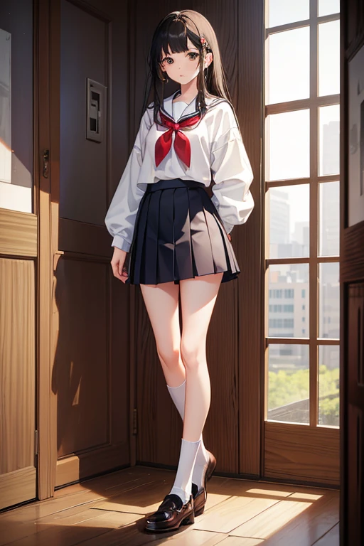 masterpiece, highest quality, High resolution, Full body view、Standing correctly, Toes on the feet、high school girl、Mature、Kibitohai , mini skirt, Pleated skirt, Brown eyes, Blunt bangs, socks, small , Put your hands on your hips,Beautiful and perfect legs, Clean and perfect hands