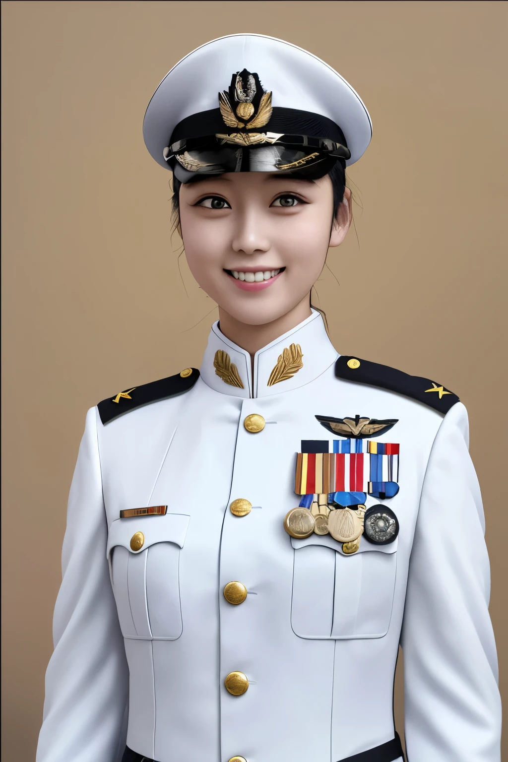 Masterpiece, hd, military uniform, white military uniform, military cap, medals, wings, UHD , 8k, standing, 1girl, Japanese woman, 20 y.o, black hair, short hair, smiling