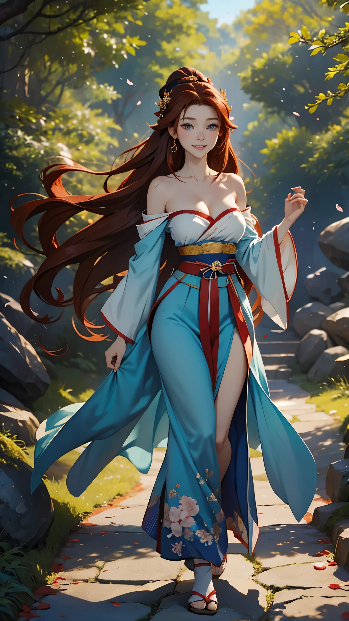 masterpiece,Japanese anime style,Beautiful girl with long straight reddish brown hair and blue eyes,beautiful face,Smile,walk in the woods, Wearing strapless gorgeous Hanfu，The breeze blew her face，petals falling from the sky，The skirt flutters，Elegant picture