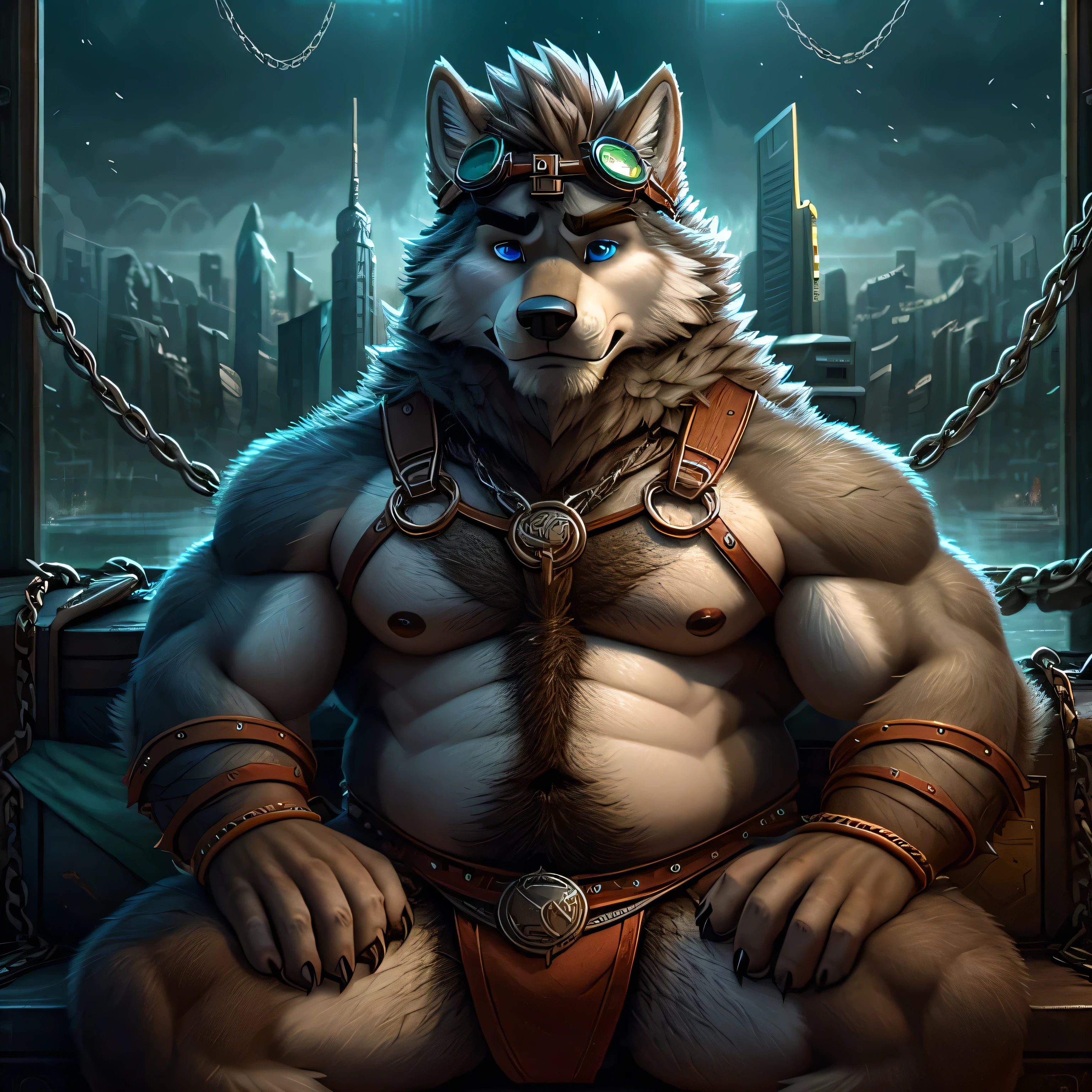 Hairy little fresh meat, teenager, Wolf, Gray hair, Only has spiky brown hair on head, Detailed body fur,, blue eyes, goggles, Chain harness, No loincloth, masterpiece, sit down, Crotch expansion，Gray body hair, Delicate face, Big eyebrows, delicate eyes, Detailed body, obesity, City skyline, Detailed hand Detailed claw, high resolution，Tentacle entanglement