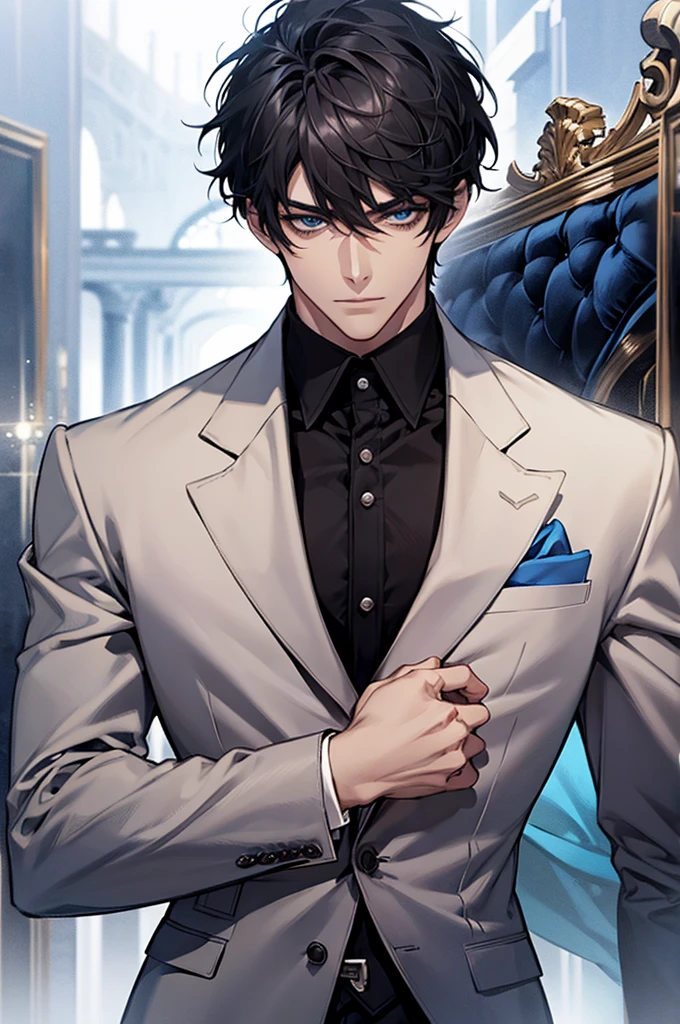 Black short haired, blue eyed, handsome, man, noble, calm, very handsome, formally dressed