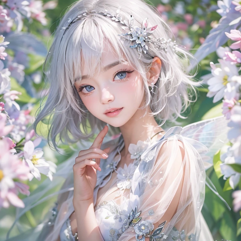 (masterpiece:1.3), (8k, Realistic, RAW Photos, Best image quality: 1.4), Fair-skinned fairy woman、short hair、Cleavage:2.0、Highly detailed face、Attention to detail、double eyelid、Sharp focus:1.2、Beautiful woman:1.4、Silvery white hair、highest quality、masterpiece、Ultra-high resolution、(Realistic:1.4)、Highly detailed and professionally lit smiles、Loose, Light,Japanese high 、 one person、whole body,　I eat breakfast 