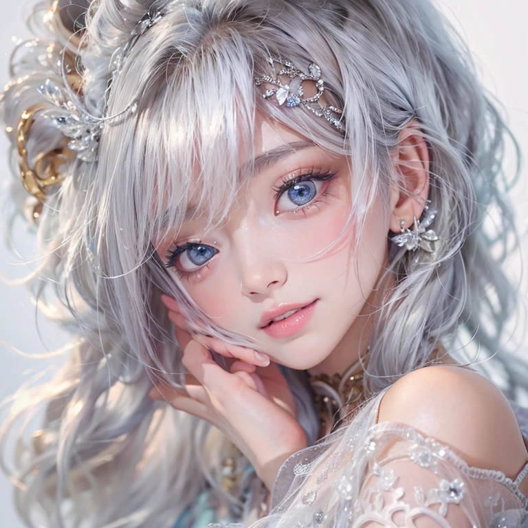 (masterpiece:1.3), (8k, Realistic, RAW Photos, Best image quality: 1.4), Fair-skinned fairy woman、short hair、Cleavage:2.0、Highly detailed face、Attention to detail、double eyelid、Sharp focus:1.2、Beautiful woman:1.4、Silvery white hair、highest quality、masterpiece、Ultra-high resolution、(Realistic:1.4)、Highly detailed and professionally lit smiles、Loose, Light,Japanese high 、 one person、whole body, I eat breakfast