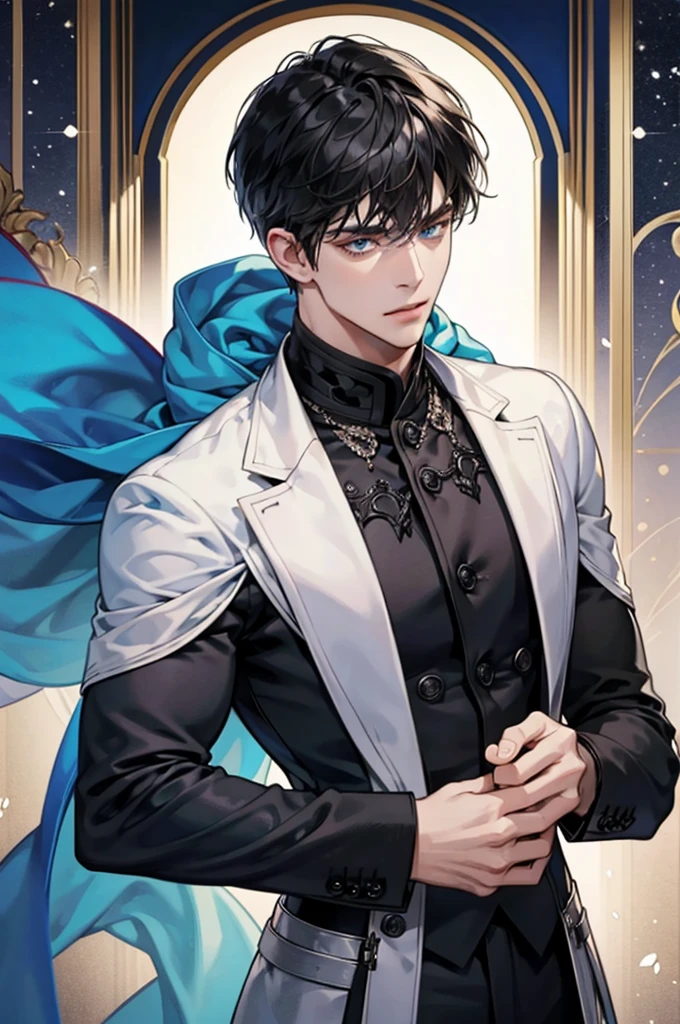 Black short haired, blue eyed, handsome, man, noble, calm, very handsome, formally dressed