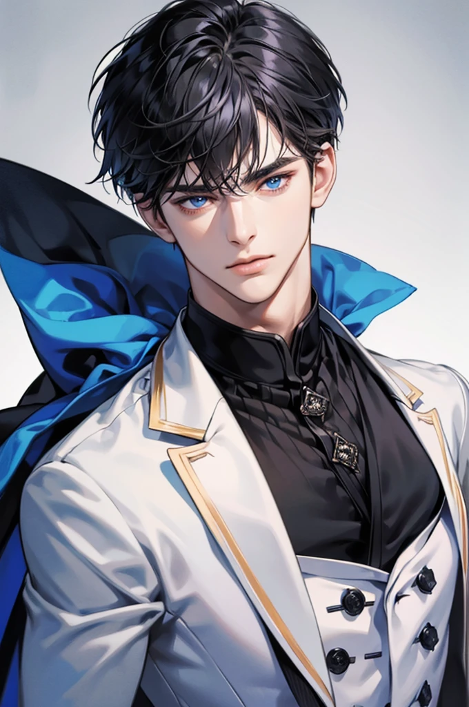 Black short haired, blue eyed, handsome, man, noble, calm, very handsome, formally dressed