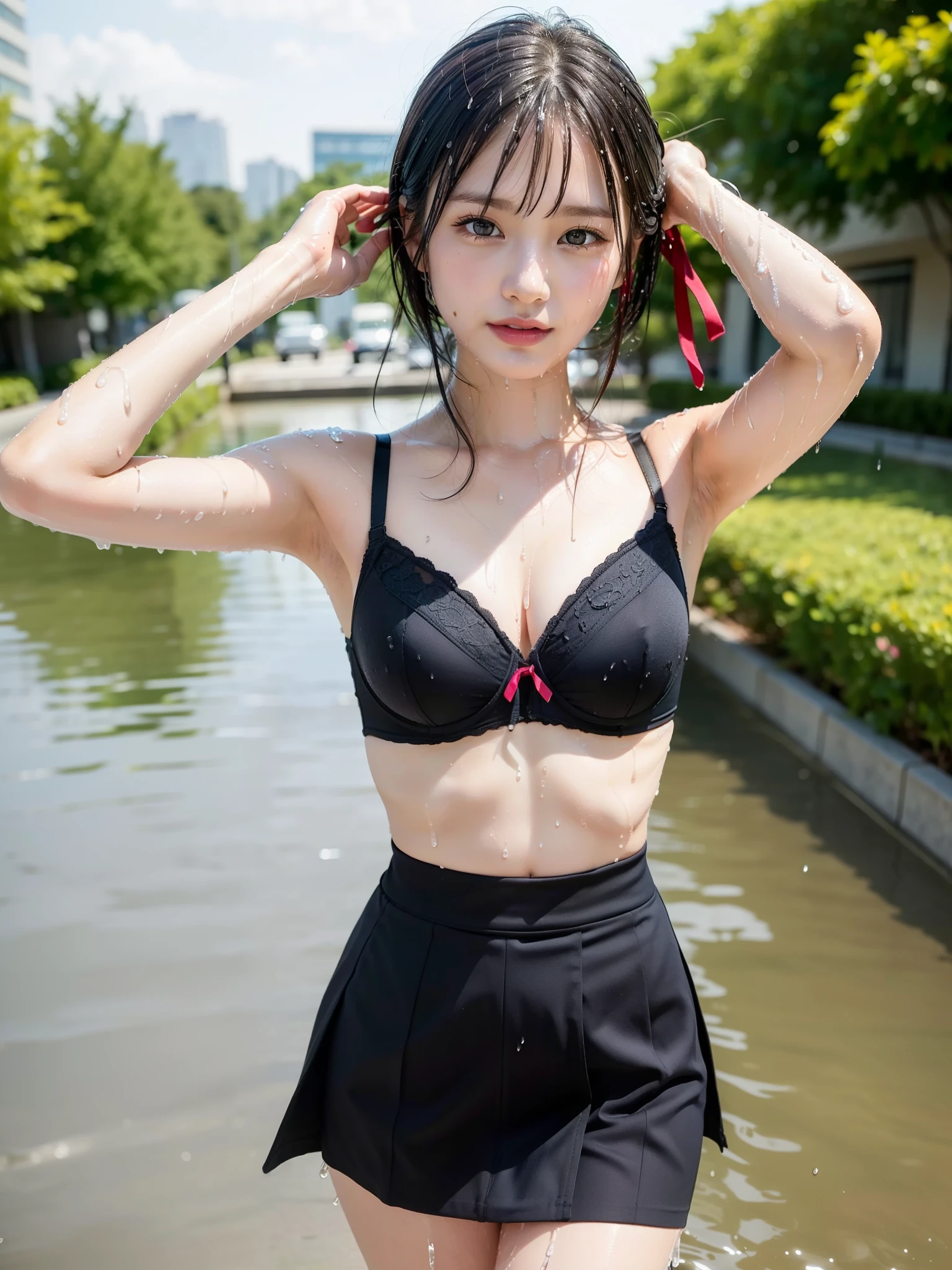 ((Best of the highest quality, 8k, Masterpiece: 1.3, raw photo)), Sharp focus: 1.2, (1 AESPA, slim body type female, 21 y/o: 1.1), (Solo: 1.28), (realistic, photo-realistic:1.37), face focus, cute face, finely eyes, side lighting, using reflectors, (small breasts, flat chest, Thigh: 1.3), (wet short messy hair, bangs: 1.28), (wet bra, wet business skirt:1.32), (ribbon:1.2), walking terrace dining, sun light, flower, (wet body, arms up: 1.1)