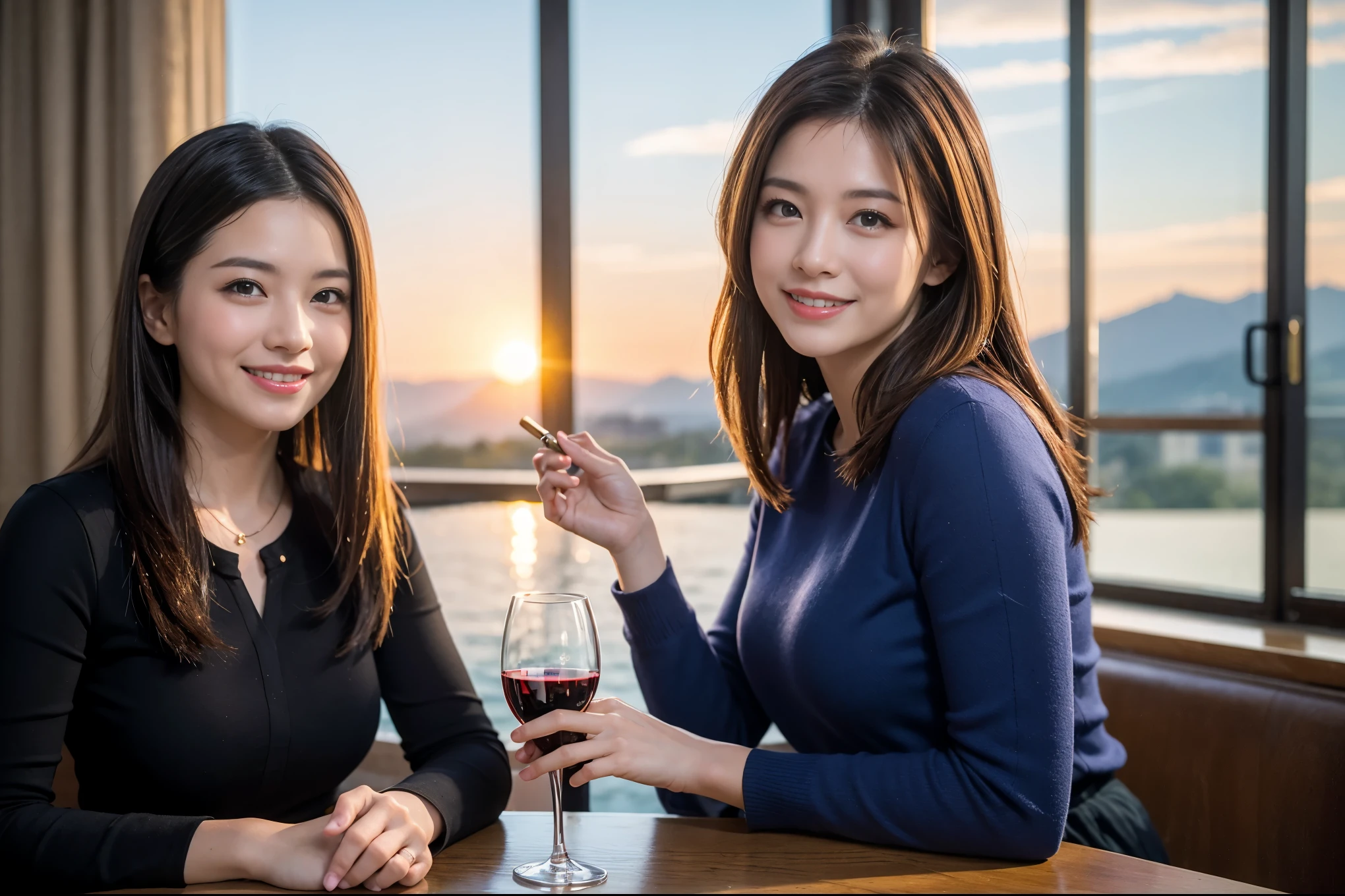 ((highest quality、8k、masterpiece:1.3))、1 male、1 female、Couple、Spouse、石原さとみ似美女Couple、The body is slim、((Bob Hale、Straight hair:1.2)), (Realistic, Intricate details:1.2), テーブルの上のwine glass、Put the light on your face、 Amazing view of the sunset sky and clouds、Amazing mountain views、A bright smile、The wonderfulness of smile、Bright image、The beauty of wine, Beautiful Face, blue eyes, The light shines on your face, Blushing, short hair,Bright Face、 (43 years old), 39 years old, red wine 、Appetizers、Italian food、Wine bottle、Champagne、sparkling wine、Two beauties、Brown Hair、Shortcuts、Long sleeve shirt、dress、Pretty Woman 1, (slimな顔), (The body is slim), (Brown Hair), (Shortcuts), cheeks turn a little red,Attractive beauty、restaurant, In a prominent place (From the waist up) Nova Frog Style, actress, model, Upper Body, White wine, slim, wine glass, 中央に置かれたwine glass, smile, (smile: 1.15), Beautiful fine grain, Depth f/2,saturation, High Contrast, Strong light and shadow,Moist Body:1.5、3D texture、Delicate eyes、Brown Hair、The hair is very shiny、