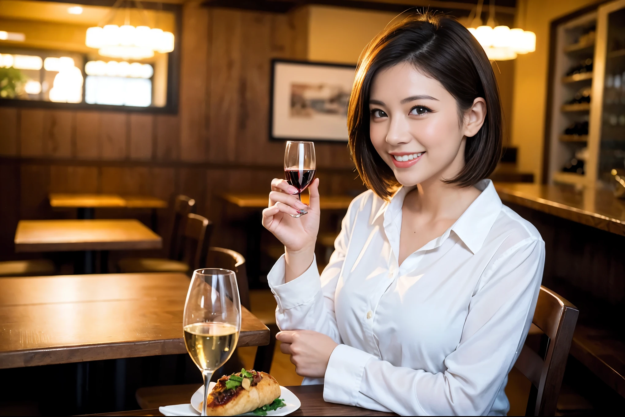 ((highest quality、8k、masterpiece:1.3))、1 male、1 female、Couple、Spouse、石原さとみ似美女Couple、The body is slim、((Bob Hale、Straight hair:1.2)), (Realistic, Intricate details:1.2), テーブルの上のwine glass、Put the light on your face、 Amazing view of the sunset sky and clouds、Amazing mountain views、A bright smile、The wonderfulness of smile、Bright image、The beauty of wine, Beautiful Face, blue eyes, The light shines on your face, Blushing, short hair,Bright Face、 (43 years old), 39 years old, red wine 、Appetizers、Italian food、Wine bottle、Champagne、sparkling wine、Two beauties、Brown Hair、Shortcuts、Long sleeve shirt、dress、Pretty Woman 1, (slimな顔), (The body is slim), (Brown Hair), (Shortcuts), cheeks turn a little red,Attractive beauty、restaurant, In a prominent place (From the waist up) Nova Frog Style, actress, model, Upper Body, White wine, slim, wine glass, 中央に置かれたwine glass, smile, (smile: 1.15), Beautiful fine grain, Depth f/2,saturation, High Contrast, Strong light and shadow,Moist Body:1.5、3D texture、Delicate eyes、Brown Hair、The hair is very shiny、