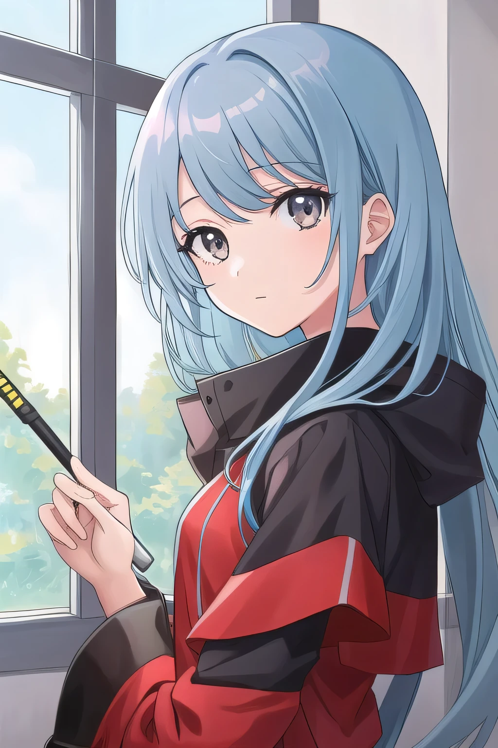 score_9, score_8_up, score_7_up, source_anime, 1girl, solo, 1girl, solo, long hair, looking at viewer, gray eyes, blue hair,
, indoors, focus to face