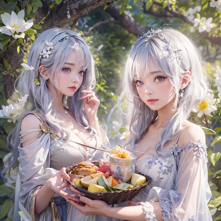 (masterpiece:1.3), (8k, Realistic, RAW Photos, Best image quality: 1.4), Fair-skinned fairy woman、short hair、Cleavage:2.0、Highly detailed face、Attention to detail、double eyelid、Sharp focus:1.2、Beautiful woman:1.4、Silvery white hair、highest quality、masterpiece、Ultra-high resolution、(Realistic:1.4)、Highly detailed and professionally lit smiles、Loose, Light,Japanese high 、 one person、whole body,　I eat breakfast 