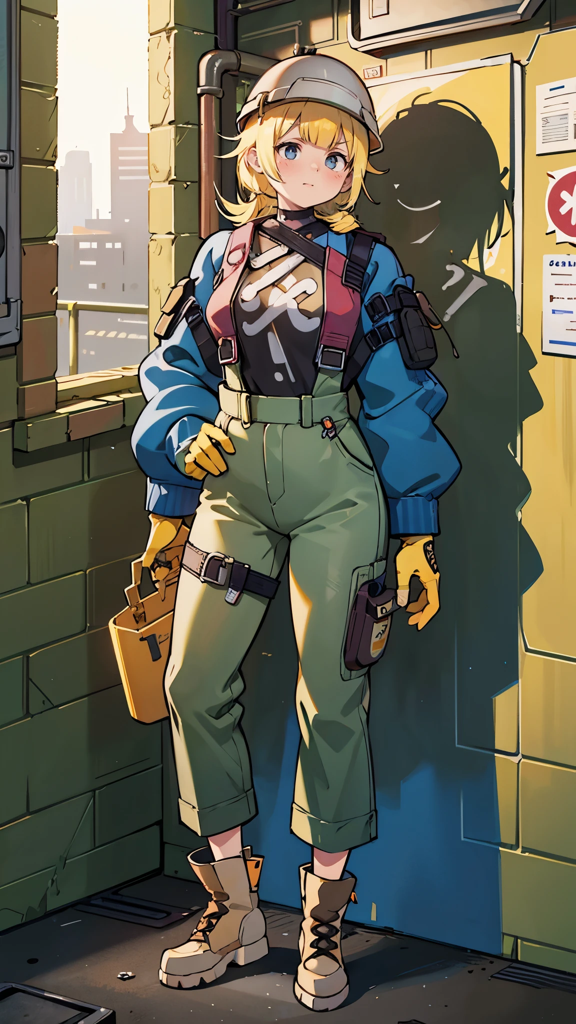 Girl at the construction site, blonde hair, short hair, chin length hair,Wear a white long-sleeved shirt, cargo pants, work boots, carpenters tool belt, safety helmet, and holding a hammer in hand. Happy and confident 

(High resolution,4K,highest quality:1.2),Very detailed,(Realistic:1.37),Large-scale construction site,Professional,Industrial Lighting,Vibrant colors,Bokeh,Gritty atmosphere

[Construction worker], [Urban], [Dynamic pose], [Powerful methods], [Safety Policy], [concrete], [crane], [Dust and debris], [Blueprint], [Construction Machinery],  [Helmet], [Work gloves], [scaffold], [Construction site signage], [Noise and activity], [Yellow caution tape], [Sunlight and shadow], [Busy workers], [Dirt and mud], [Construction Vehicles], [Diligent] [contruction site]
