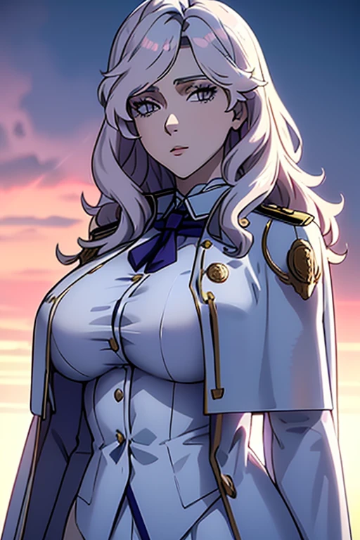 masterpiece, best quality,charlotte, (white long coat), coat on shoulders,white navy soldier uniform ,(epaulettes), purple shirt, blue pants, upper body, looking at viewer, large breasts ,(hd), (full body shot), (high resolution)