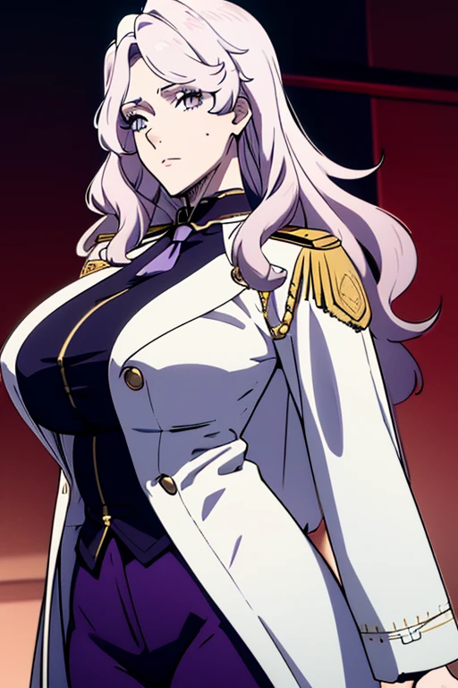 masterpiece, best quality,charlotte, (white long coat), coat on shoulders,white navy soldier uniform ,(epaulettes), purple shirt, blue pants, upper body, looking at viewer, large breasts ,(hd), (full body shot), (high resolution)