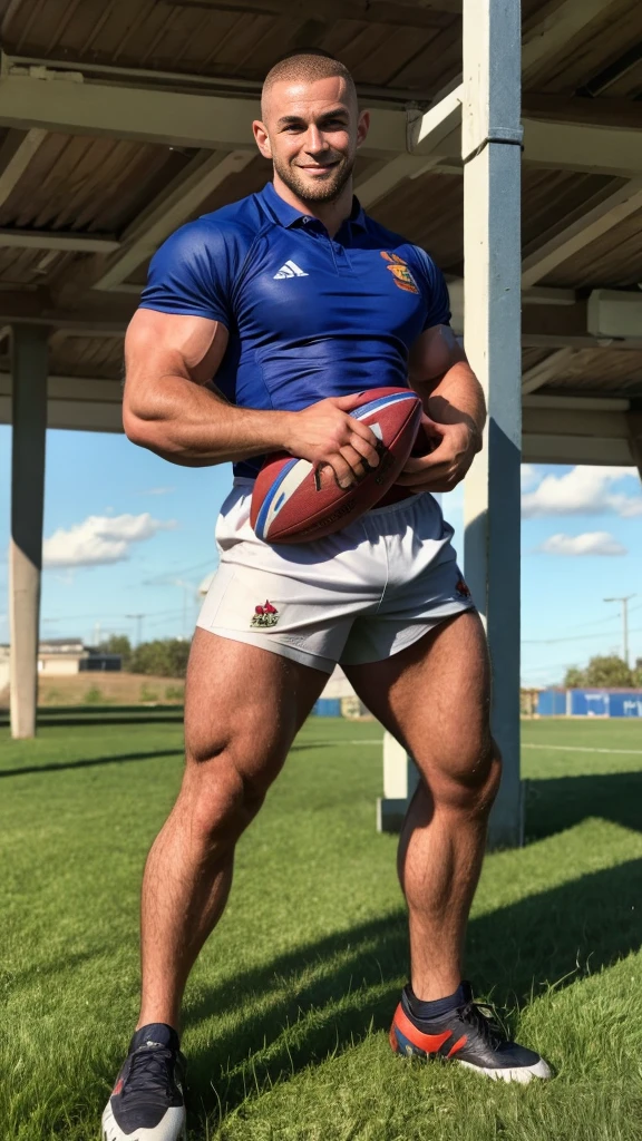 1 man rugby player ,Full body, nice naughty smile, rugby player, sport pants, rugby tight esportive uniform, (Skinhead Hairline Crew Cut), skinheads have haircuts, Black hair cone , blue alluring eyes, European 40yo man, (High shadow detail), muscular chest on rugby uniform, team leader belt, long legs, left arm tattoo, large mouth, field, Wide shoulders, slim waist.