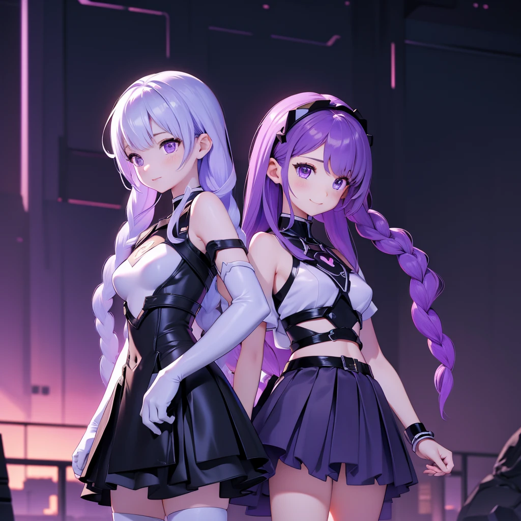 ちび男女のCouple、cute、3D Figure、（Masterpiece、highest quality、Official Art、The best composition、CG、16K、Super detailed、Detailed eyes、Golden Ratio）、Couple（1boy,1girl)、girl（Her hair is a milky white and purple gradient.、Double braid、Black and white diamond-shaped hair ornaments on both sides、purple eyes, long hair, twin braids, purple hair, multicolored hair, elbow gloves, bangs, very long hair,bare shoulders, black skirt, dress, smile, side cutout,covered navel, side cutout,cryptic girl）、boy（Her hair is a short, black and white gradient.、cyberpunk school uniform）、hologram、Disorganized、c0upl3