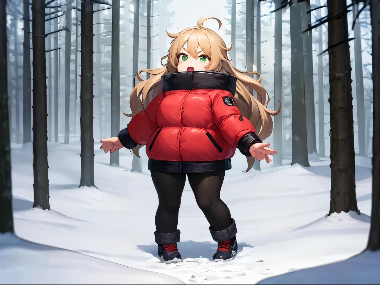 Dark blonde hair. Long, wavy hair. Messy hair. Fair skin. Green eyes. Thick eyebrows. Anthropomorphic. mad. portrait. cute. . young. cold. puffy jacket. thick jacket. winter. 1 girl. solo. alone. 4k. high quality. body. . yelling. forest. snowy. snow landscape. wilderness. frowning. dark. dim lighting. night. cabin. full body.