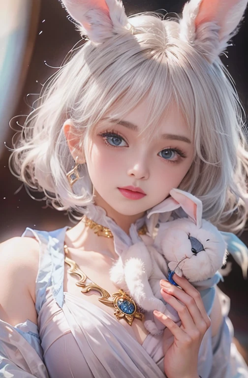 18-year-old, Close up portrait of woman in Ancient Greek clothing 、Shoulders out、thin、Serious expression、Short-haired、Deadly position, Gorgeous Necklace, Light milky porcelain skin, Smooth, Translucent white skin, Enchanting anime girl, Beautiful and seductive anime woman, Ultra realistic sweet bunny girl, Pale porcelain white skin, Smooth, Realistic and perfect body, Anime Girl Cosplay, Perfect body with realistic shadows, Switzerland'masterpiece, Hugging a cute white rabbit