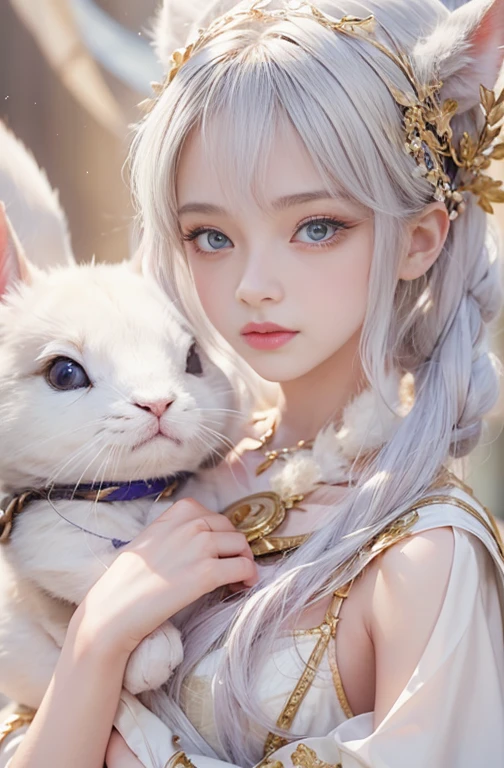 18-year-old, Close up portrait of woman in Ancient Greek clothing 、Shoulders out、thin、Serious expression、Short-haired、Deadly position, Gorgeous Necklace, Light milky porcelain skin, Smooth, Translucent white skin, Enchanting anime girl, Beautiful and seductive anime woman, Ultra realistic sweet bunny girl, Pale porcelain white skin, Smooth, Realistic and perfect body, Anime Girl Cosplay, Perfect body with realistic shadows, Switzerland'masterpiece, Hugging a cute white rabbit