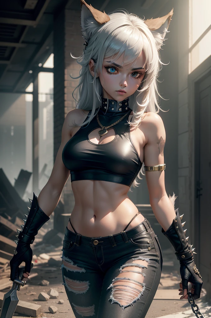 16K Photorealistic Quality Digital Painting Mode Beautiful post-apocalyptic girl with medium-length silver hair, blue eyes, wearing tactical gear. (Unbutton and open chest, Big boobs, hot and sexy.) Standing amidst a desolate cityscape with crumbling buildings as a backdrop. Moonlight casting shadows, glowing skin, a stoic and protective expression. Whole body, animated pose, life-size, perfect anatomy, detailed skin textures. Full HD 16K HDR resolution. Perfect anatomy, depth of field.
