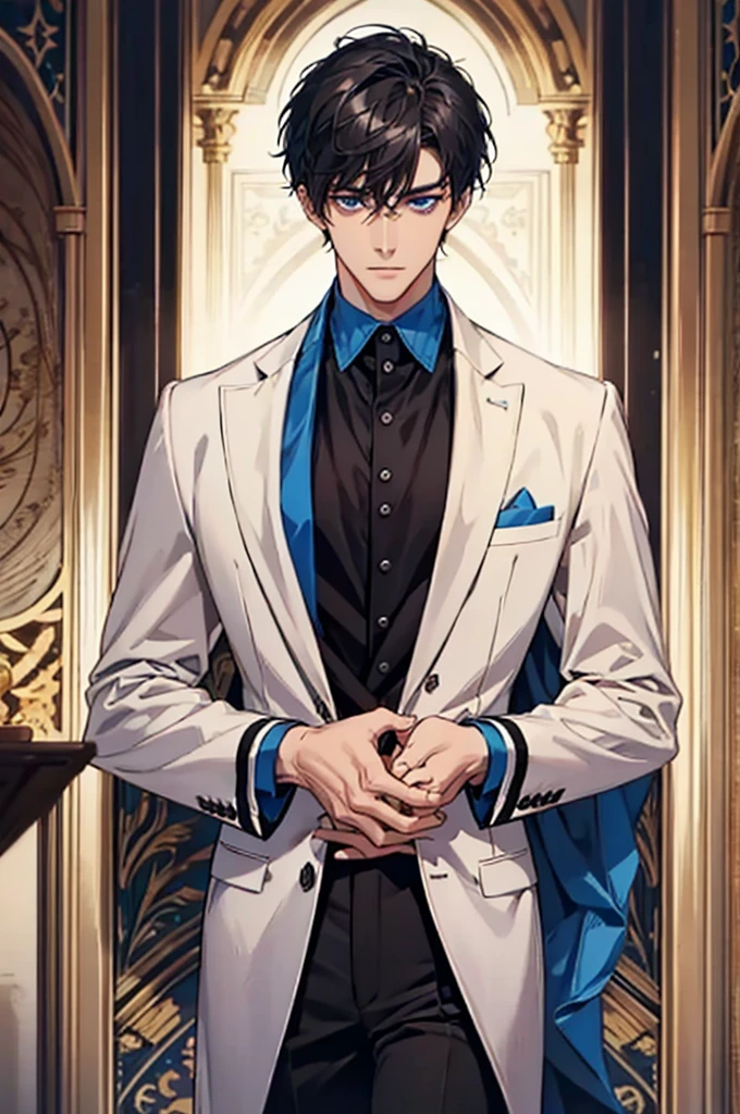 Black short haired, blue eyed, handsome, man, noble, calm, very handsome, formally dressed