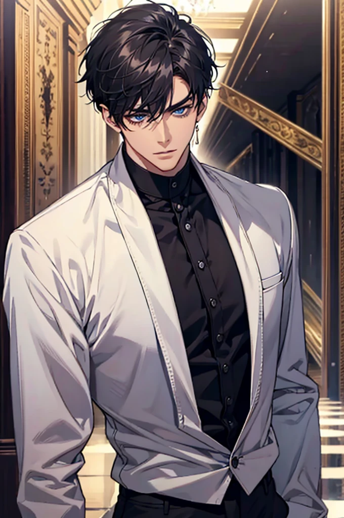 Black short haired, blue eyed, handsome, man, noble, calm, very handsome, formally dressed