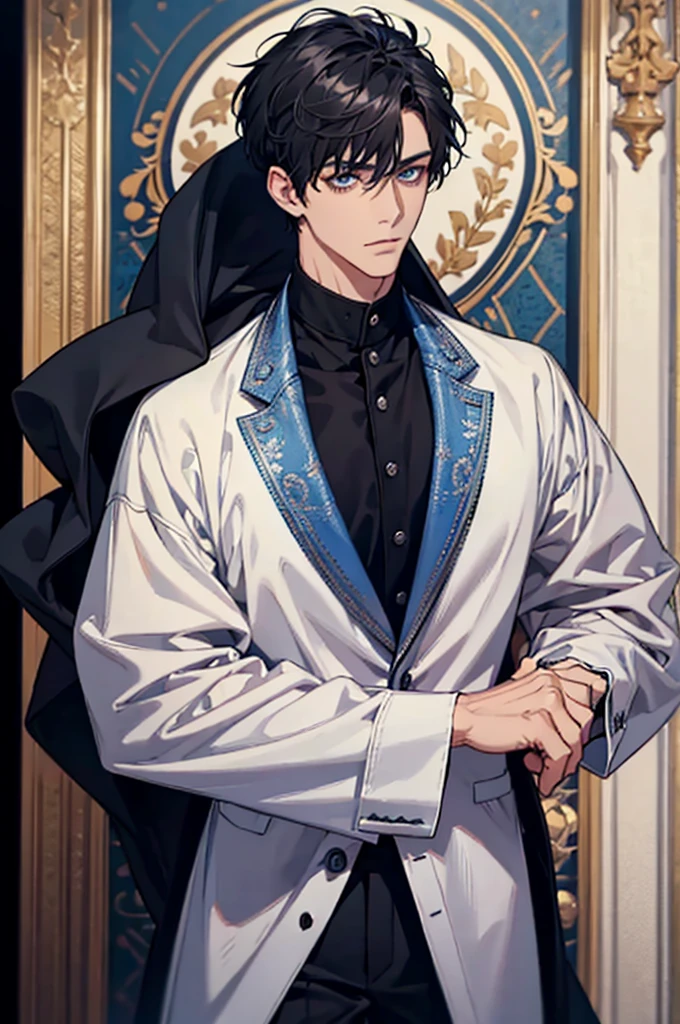 Black short haired, blue eyed, handsome, man, noble, calm, very handsome, formally dressed