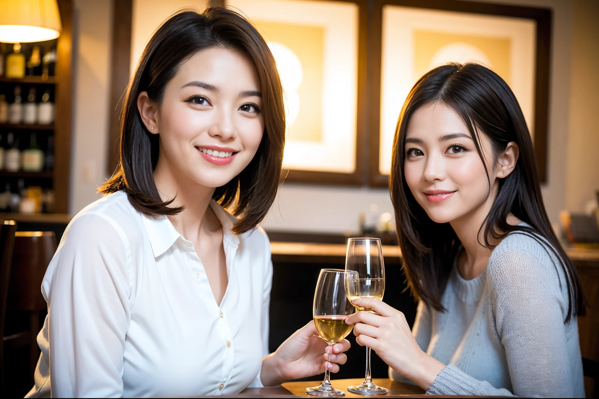 ((highest quality、8k、masterpiece:1.3))、1 male、1 female、Couple、Spouse、石原さとみ似美女Couple、The body is slim、((Bob Hale、Straight hair:1.2)), (Realistic, Intricate details:1.2), テーブルの上のwine glass、Shine light on your face、 Amazing view of the sunset sky and clouds、Amazing mountain views、A bright smile、The wonderfulness of smile、Bright image、The beauty of wine, Beautiful Face, blue eyes, The light shines on your face, Blushing, short hair,Bright Face、 (45 years old), 39 years old, red wine 、Appetizers、Italian food、Wine bottle、Champagne、sparkling wine、Two beauties、Brown Hair、Shortcuts、Long sleeve shirt、dress、Pretty Woman 1, (slimな顔), (The body is slim), (Brown Hair), (Shortcuts), cheeks turn a little red,Attractive beauty、restaurant, In a prominent place (From the waist up) Nova Frog Style, actress, model, Upper Body, White wine, slim, wine glass, 中央に置かれたwine glass, smile, (smile: 1.15), Beautiful fine grain, Depth f/2,saturation, High Contrast, Strong light and shadow,Moist Body:1.5、3D texture、Delicate eyes、Brown Hair、The hair is very shiny、