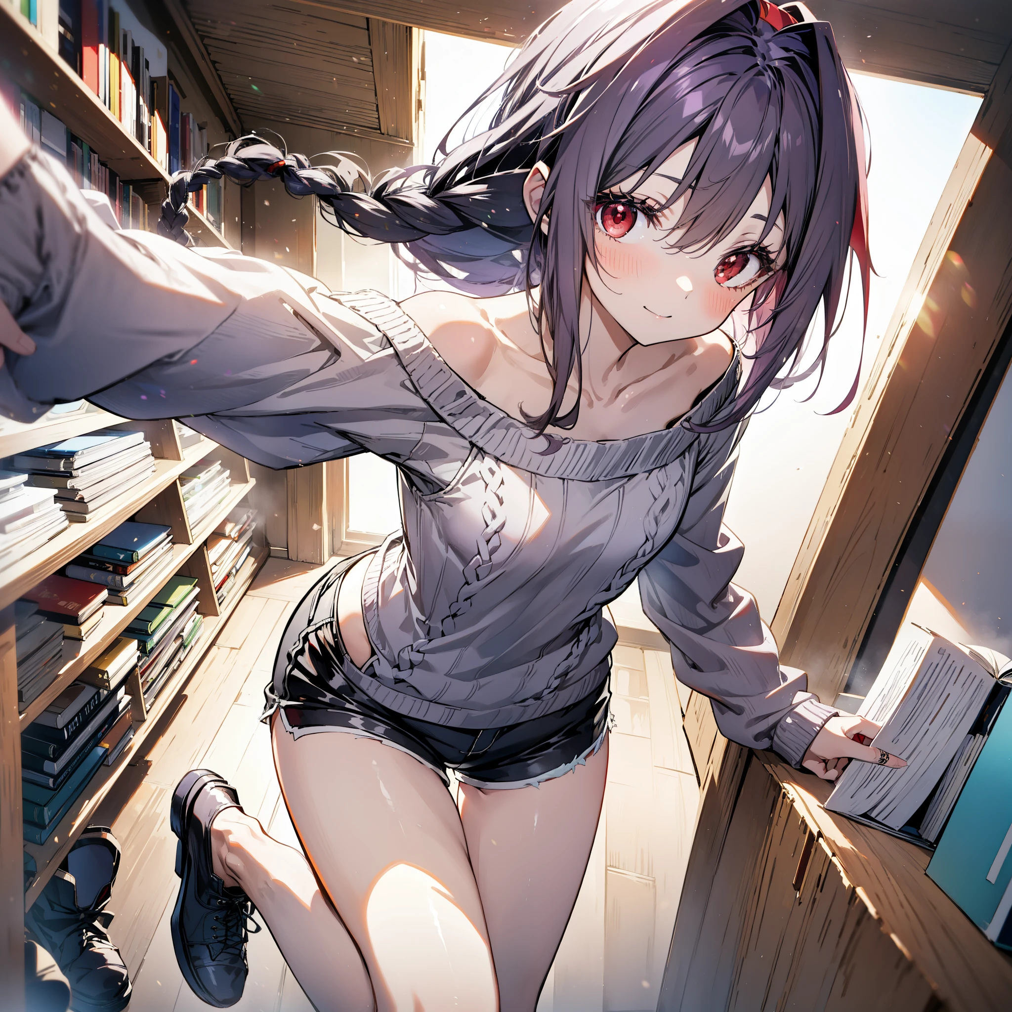 yuukikonno, Konno Yuuki, hair band, Long Hair, Pointed Ears, Purple Hair, (Red eyes:1.5), (Small breasts:1.2), Close your mouth,smile、,Long braids,Black-rimmed glasses,Oversized one-shoulder sweater,Shorts,short boots,Holding a book in both arms,
壊す looking at viewer, whole body,
Break indoors, figure書館
壊す (masterpiece:1.2), highest quality, High resolution, unity 8k wallpaper, (figure:0.8), (Beautiful fine details:1.6), Highly detailed face, Perfect lighting, Highly detailed CG, (Perfect hands, Perfect Anatomy),