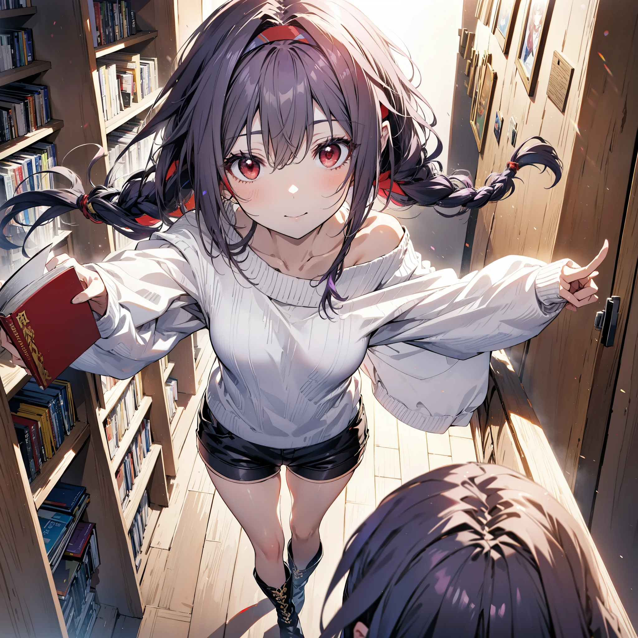 yuukikonno, Konno Yuuki, hair band, Long Hair, Pointed Ears, Purple Hair, (Red eyes:1.5), (Small breasts:1.2), Close your mouth,smile、,Long braids,Black-rimmed glasses,Oversized one-shoulder sweater,Shorts,short boots,Holding a book in both arms,
壊す looking at viewer, whole body,
Break indoors, figure書館
壊す (masterpiece:1.2), highest quality, High resolution, unity 8k wallpaper, (figure:0.8), (Beautiful fine details:1.6), Highly detailed face, Perfect lighting, Highly detailed CG, (Perfect hands, Perfect Anatomy),