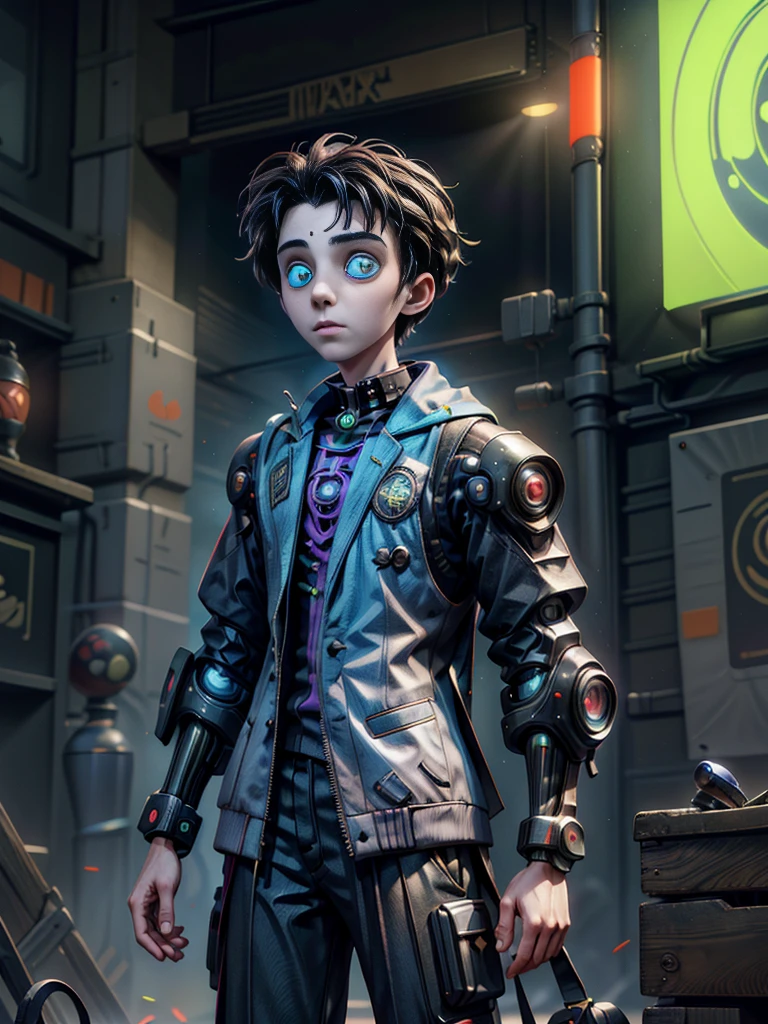 Absurd masterpiece HDR high quality image of a portrait of ((a young student boy, 16 years old, handsome)), ((Tim Burton Cyberpunk theme style))