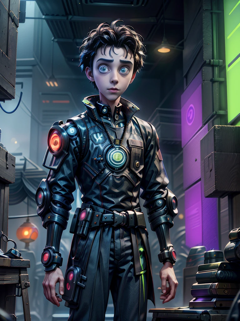 Absurd masterpiece HDR high quality image of a portrait of ((a young student boy, , handsome)), ((Tim Burton Cyberpunk theme style))