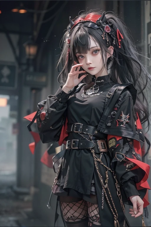 highest quality、8k、masterpiece：1.3、Gothic Punk、The inner color is red、Gray Black Hair、hair ornaments、beautiful girl、creative、Punk Style、Neogoth、Goth Fashion：0.8、High resolution、masterpiece、highest quality、頭w:1.3、((Hasselblad Photos))、Fine skin、Sharp focus、(Cinema Lighting)、shirt, Shoulders out, Modest chest 