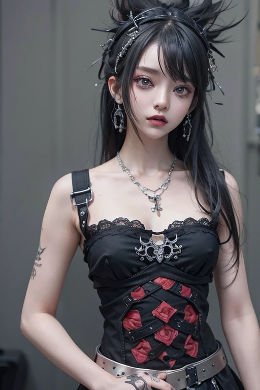 highest quality、8k、masterpiece:1.3、Gothic Punk、The inner color is red、Gray Black Hair、hair ornaments、beautiful girl、creative、Punk Style、Neogoth、Goth Fashion:0.8、High resolution、masterpiece、highest quality、頭w:1.3、((Hasselblad Photos))、Fine skin、Sharp focus、(Cinema Lighting)、shirt, Shoulders out, Modest chest